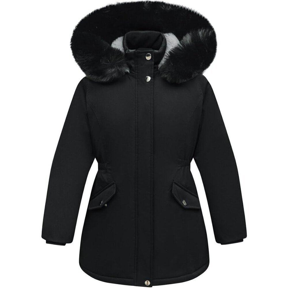 Girl's Black Waterproof Long Coat Warm Winter Parka Puffer Jacket with Hood